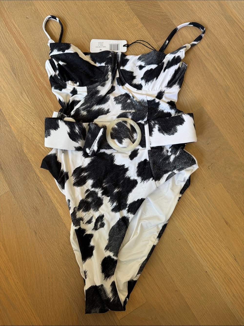 WeWoreWhat Cow Print One-Piece Swimsuit with Belt - Black & White
